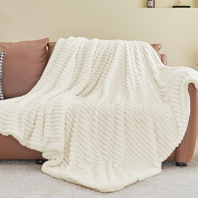 INFIIXSO Sherpa Fleece Queen Size Blanket - Super Soft & Warm Striped Fleece, Cozy Plush Fluffy Large Bed Blanket All Season Use (Cream, 90x90 Inches)