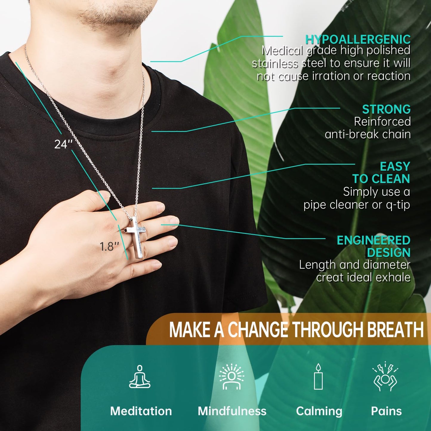 FUNPAR Cross Breathing Necklace for Anxiety, Inspirational Bible Verse Mindfulness Pendant Necklace, Stainless Steel Meditation Breathwork Tool, Anxiety Relief Items for Teens Gift(Silver 28: 20)