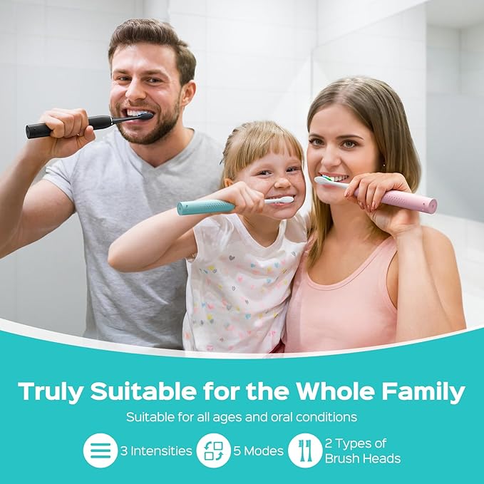 COSLUS Sonic Electric Toothbrush for Adults & Kids: 3 Intensities & 5 Modes Gum-Friendly for Deep Cleaning & Whitening - 2 Types of Heads for Family, Sensitive Teeth, Braces, Travel & Home Use, Pink