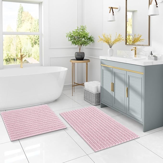 Arotive Luxury Chenille Bathroom Rug Mat, Extra Soft Thick Absorbent Shaggy Bath Rugs, Non-Slip Machine Wash Dry, Plush Bath Mats for Bathroom, Shower and Tub, 59x35, Pink