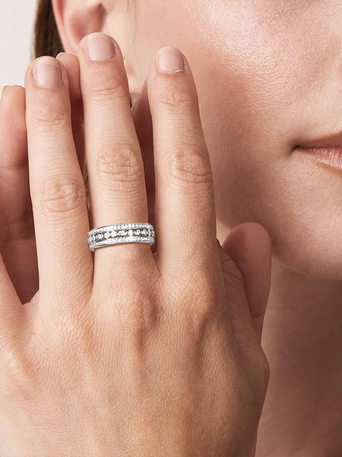 Frbod Women's Moissanite Wedding Ring 925 Silver Thick Wide Band Channel-Setting Eternity Promise Ring for Wife Lover Size 8