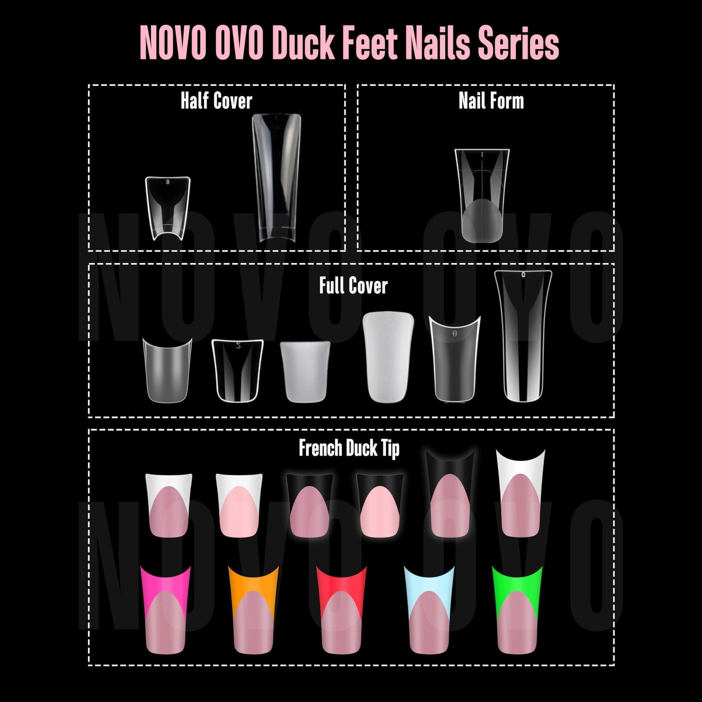 NOVO OVO Halloween Extra Thick Short Duck Feet Nail Tips with Moon Curve Full Cover Press on Acrylic, Clear Pre-Etched Matte Flare Wide French Soft Gel Fake False Nail Extension x 15 Sizes 240 pcs