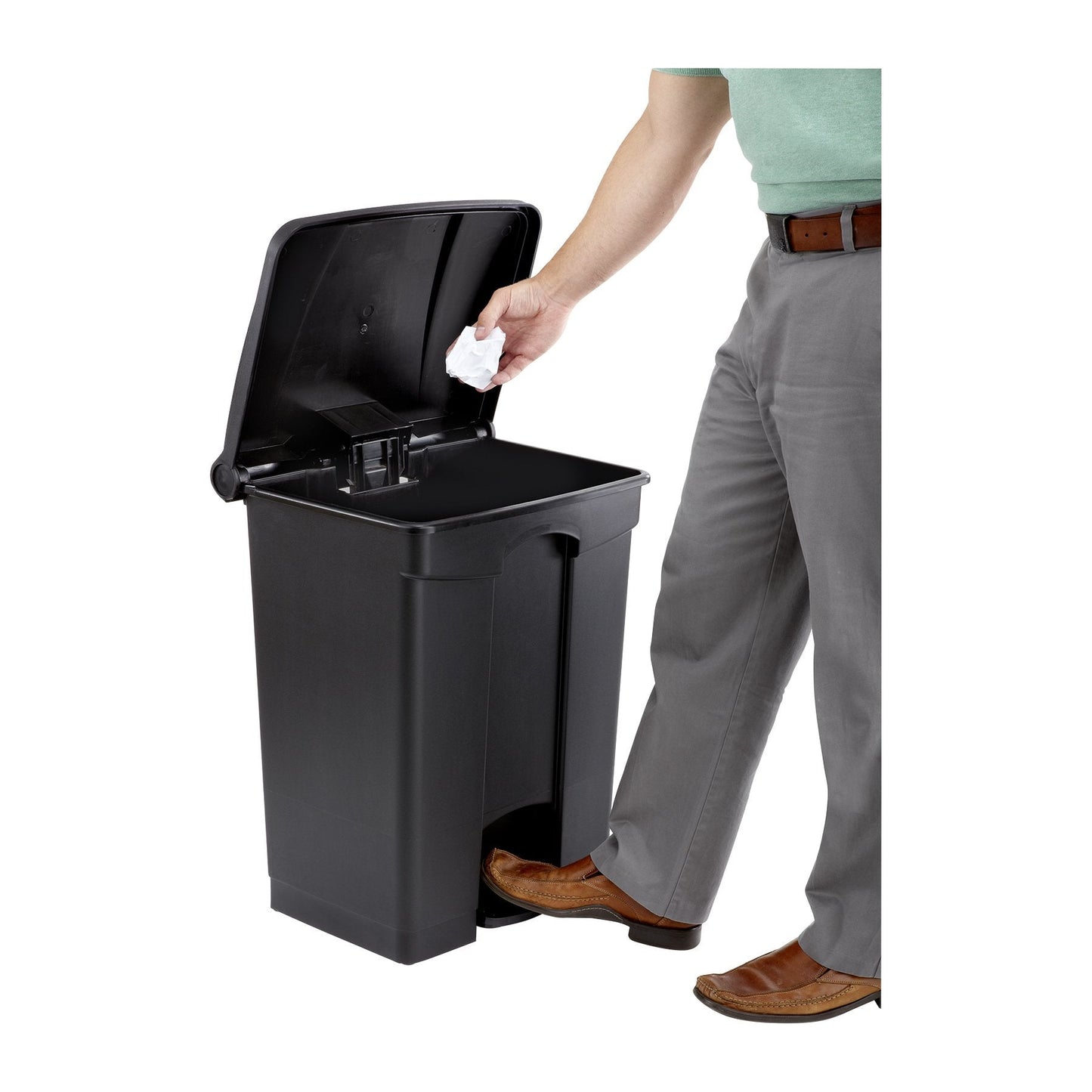 Safco Step On Plastic Trash Can with Foot Pedal, 17 Gallon Garbage Can for Kitchen, Indoor or Outdoor Use, Hands Free, Black