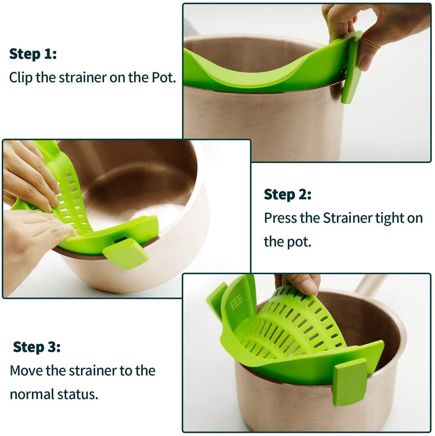 2PACK AUOON Clip on Strainer for All Pots Pans - Silicone Pasta Strainer Kitchen Colander for Draining Noodles Spaghetti Ground Beef Grease｜Easy to Use and Store, Dishwasher Safe (BlackGreen)
