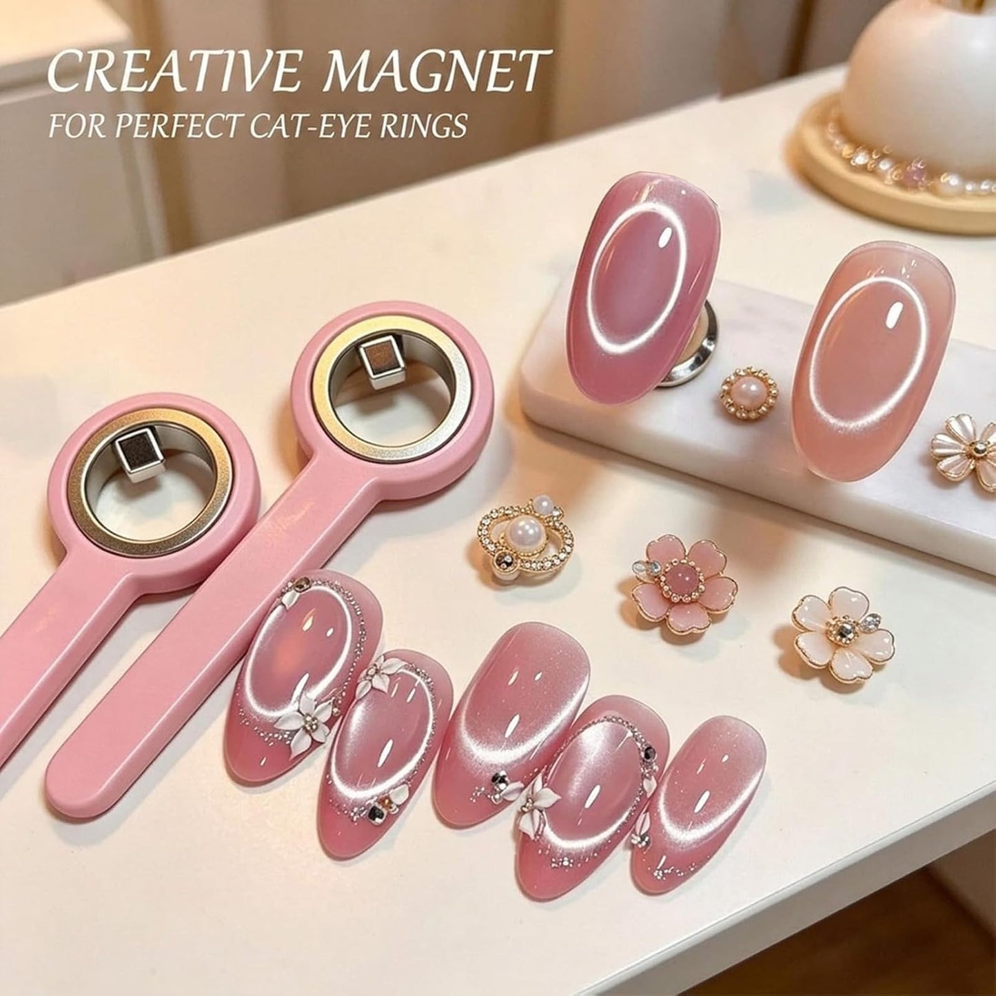 Ring-Shaped Cat Eye Magnet for Nails, Hollow Magnetic Design Circle Cat Eye Magnet for 3D Halo French Tip Nail Art, Home Salon DIY Manicure Tool (1Pcs-Pink)