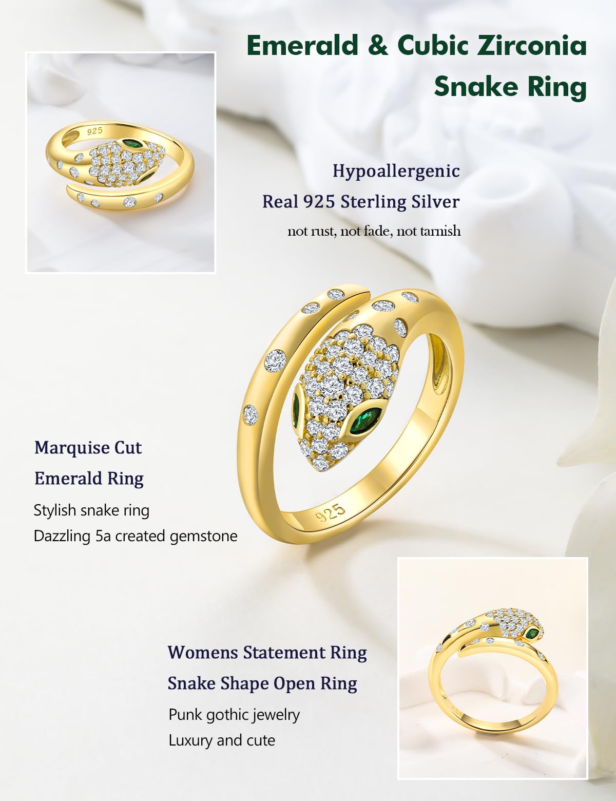 RANDES Fashion Snake Statement Ring Gold Plated Cocktail Rings for Women Sterling Silver Punk Jewelry Created Emerald Diamond Snake Rings Size 9