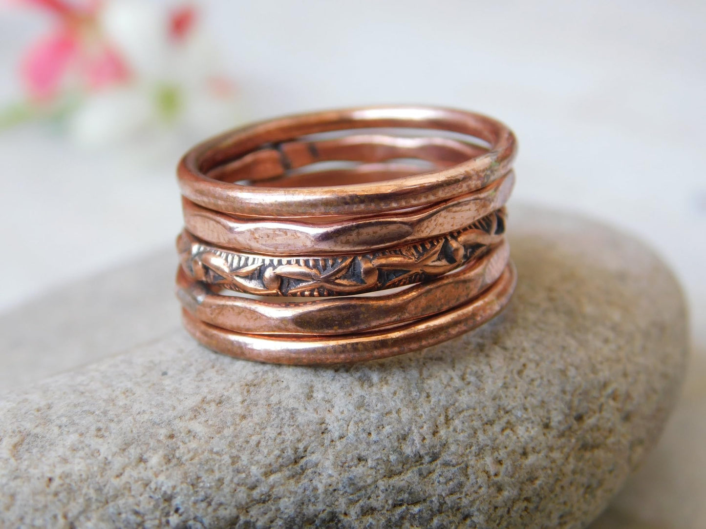 Set of 5 Hand Pure Copper Rings. Made with 100% Pure Raw Untreated Copper. Helps Reduce Finger Joint Pain and Swelling. Tibetan Healing Medicine Ring Set. (US-5.5)
