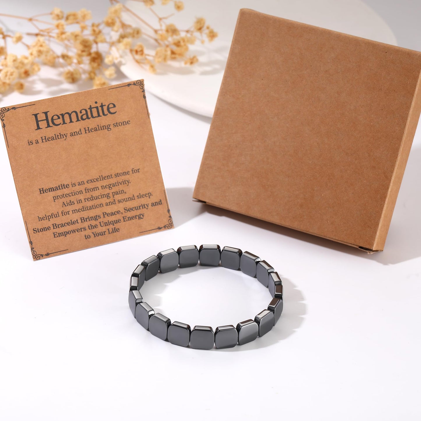 DONYUDE Square Hematite Bracelet Men Reignites Masculine Energy Strech Black Natural Hematite for Dad Husband Boyfriend Birthday Motivational Gift for Confidence Strength Crystal Jewelry