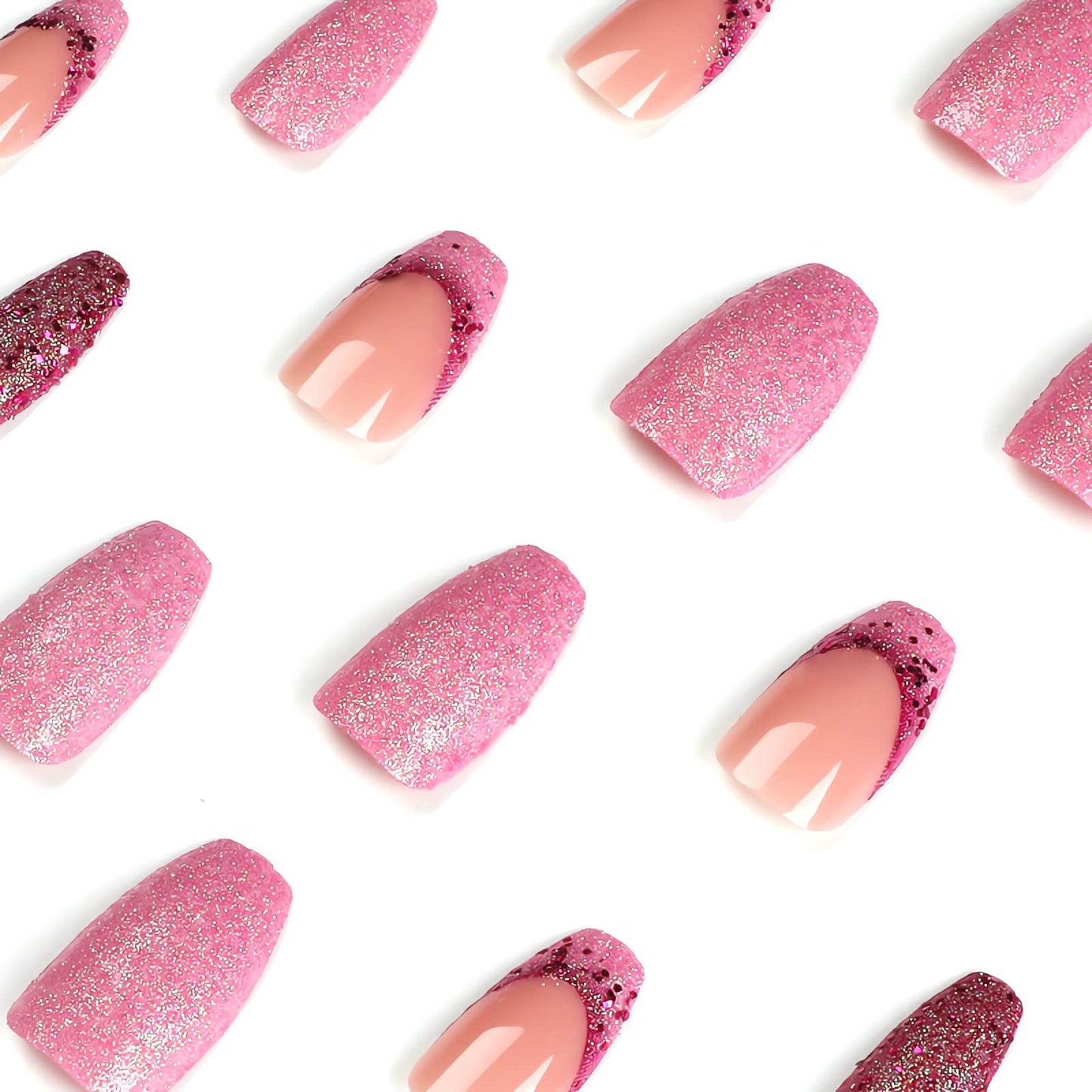 IMSOHOT Medium Press on Nails French Coffin Fake Nails Purple Glitter Full Cover Ballerina False Nails Glossy Acrylic Glue on Nails for Women 24pcs