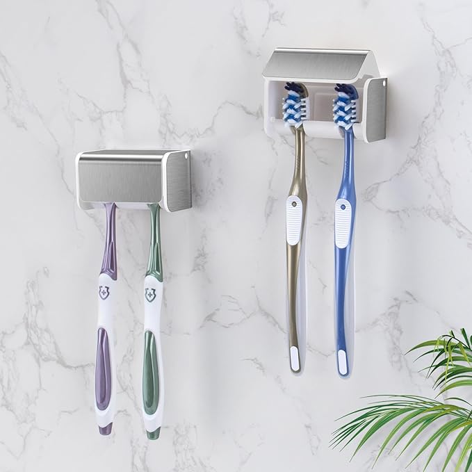 2 PCS Toothbrush Holders Wall Mounted with Cover, Electric Tooth Brushing Holder for Bathroom, 2 Slots Self Adhesive Toothbrush Organizer for Family, Kids (2, Brushed Silver)