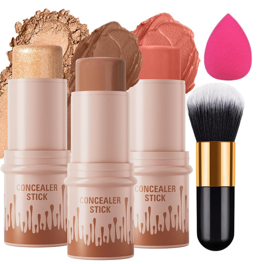 3pcs Face Contour Stick, Highlighter Stick Blush Stick Cream Contour Kit Makeup Set with Brush, Contouring Stick for Fair Skin, Concealer Stick Makeup Gift for Beginner Women Teen Girls