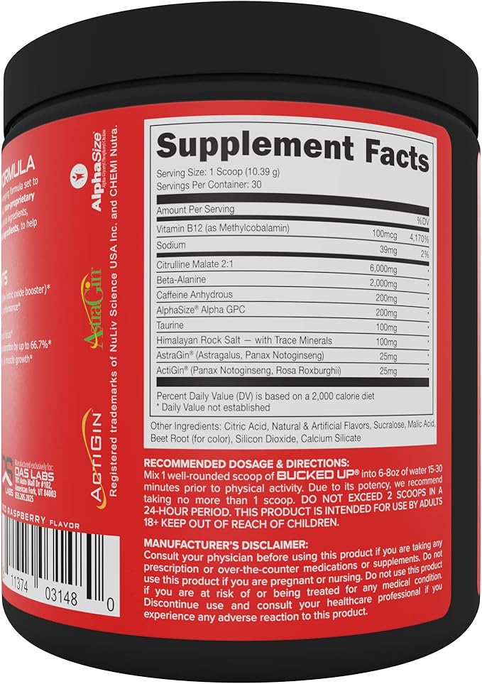 Bucked Up Pre Workout 6 Grams Citrulline, 2 Grams Beta Alanine, and 3 Other Registered trademarked Ingredients (Red Raz)