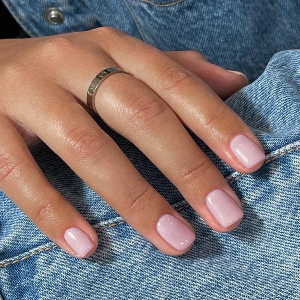 Dusty Pink Press on Nails Short Square, KXAMELIE Natural Gel Nails Glue on Acrylic Nails Press ons Featured Protective Coat Thick Reusable Fake Nails Solid Color 24 Short Coffin Artificial Nails