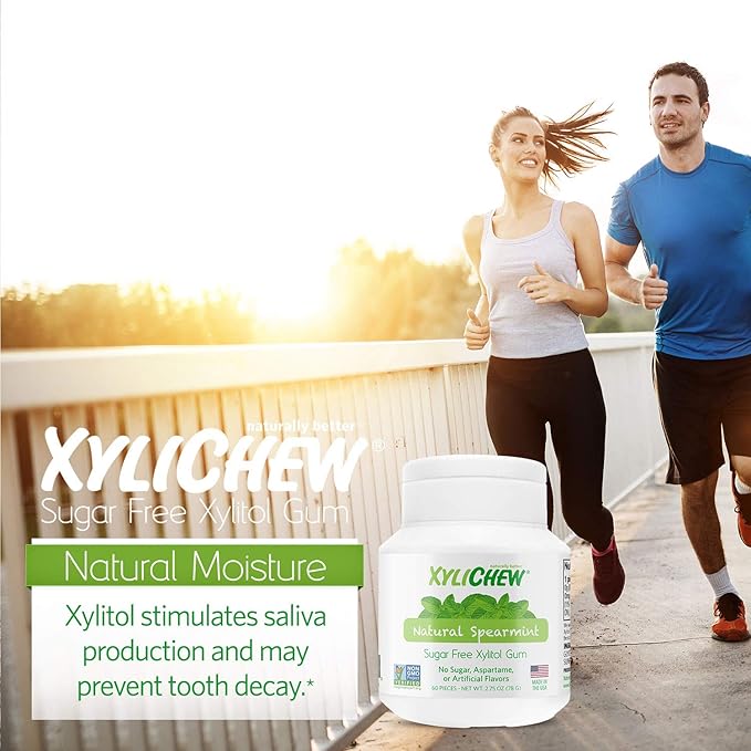 Xylichew 100% Xylitol Chewing Gum - Non GMO, Non Aspartame, Gluten Free, and Sugar Free Gum - Natural Oral Care, Relieves Bad Breath and Dry Mouth - Spearmint, 60 Count
