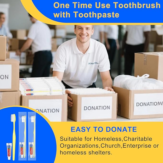 Yellow Disposable Toothbrushes with Toothpaste - Pack of 100,Individually Wrapped Single Use Travel Toothbrushes Kit Bulk for Homeless,Guests,Hotel,Dentist