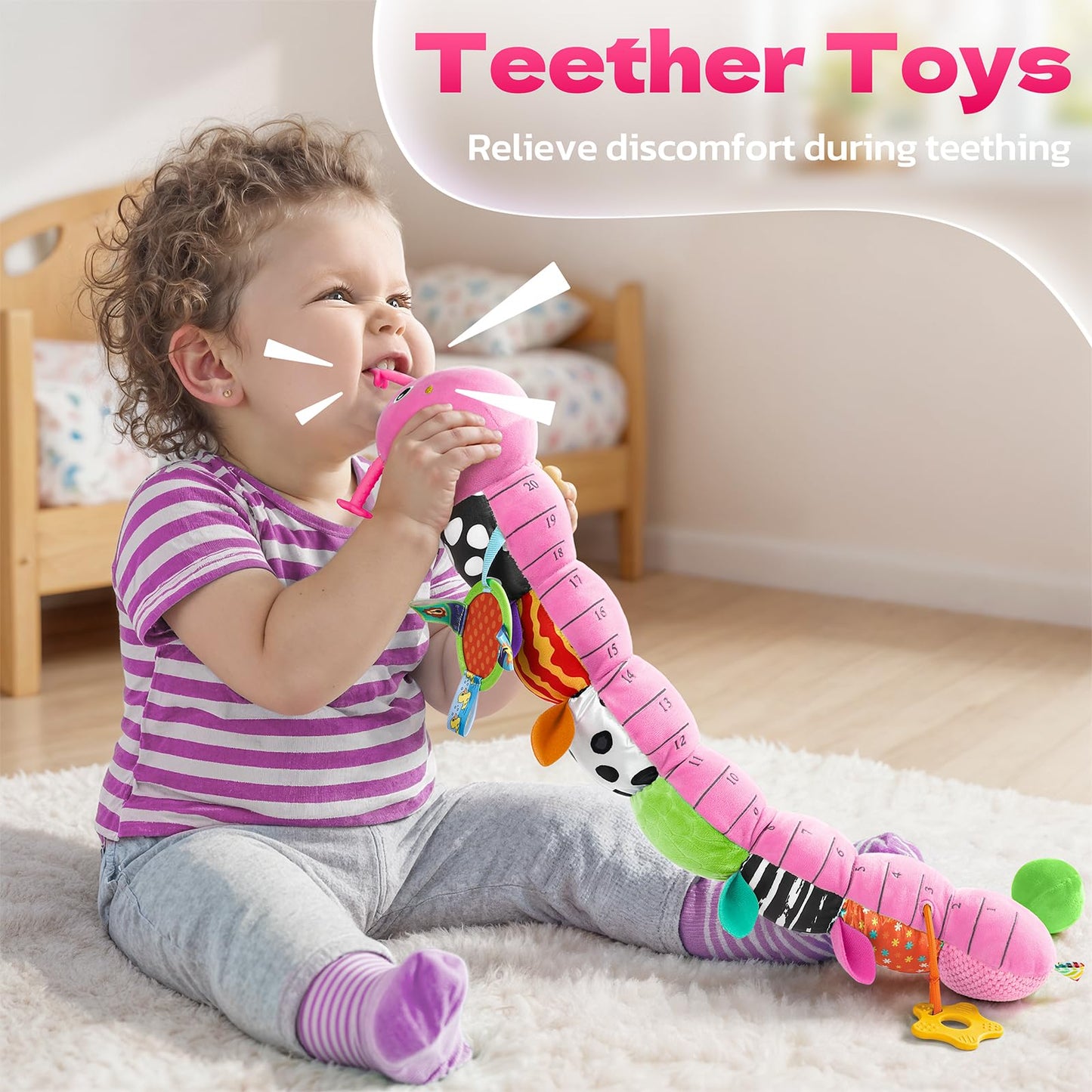 HEMRLY Baby Sensory Toy 0-6 Months, Musical Stuffed Caterpillar Plush with Teether, Crinkle, Rattle, Baby Mirror for Tummy Time, Infant Car Seat Toy for 0-3-6-12 Month Boys Girls Gifts - Winged Pink