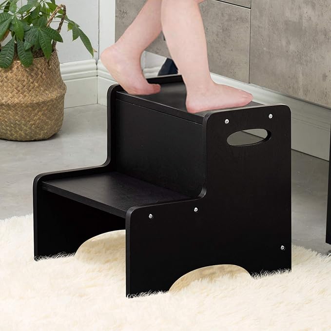 WOOD CITY Step Stool for Kids, Wooden Toddler Step Stool with Safety Non-Slip Mats and Handles for Kitchen, Bathroom Sink & Potty Training - Black