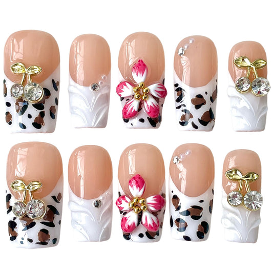 Handmade Press On Nails, 3D Velvet Floral Short/Medium Length Square White French Tips, Leopard Cherry Design, Reusable Acrylic False Nails (Velvet Jungle, S)