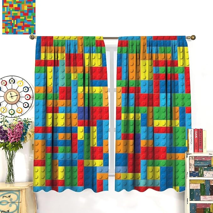 Colorful Building Block Toy Printed Curtains, Building Blocks, Curtains, Fun Brick 3D Design, Kids, Teens, Girls, Boys, Living Room, Bedroom, Window Treatment Panels, 2 Panels 84x84in
