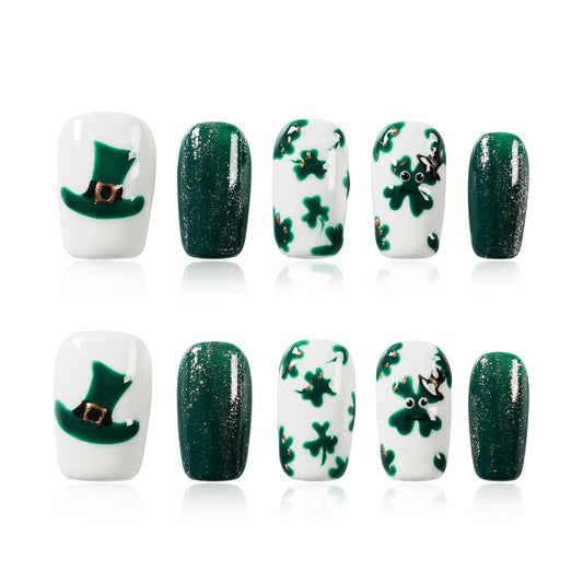 Tesytto Medium Coffin Press On Nails, Green Glitter & White Fake Nails with 3D Green Hat & Clover Print, Handmade Acrylic Nails Glossy Full Cover False Nails (Size L)
