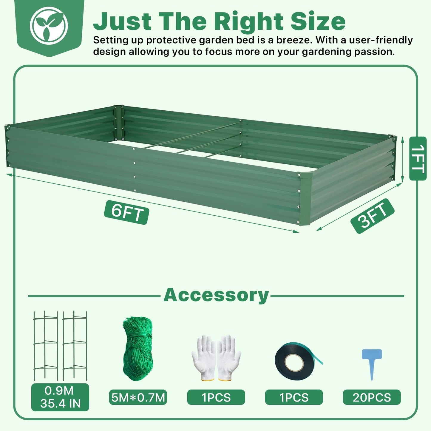 ONCEMORE Galvanized Raised Garden Bed for Vegetables Flowers Herbs, Metal Raised Garden Bed Kit with 2 PCS Tomato Cage, Gloves, Trellis Netting, Plant Labels, Plant Ties, Green 6×3×1FT