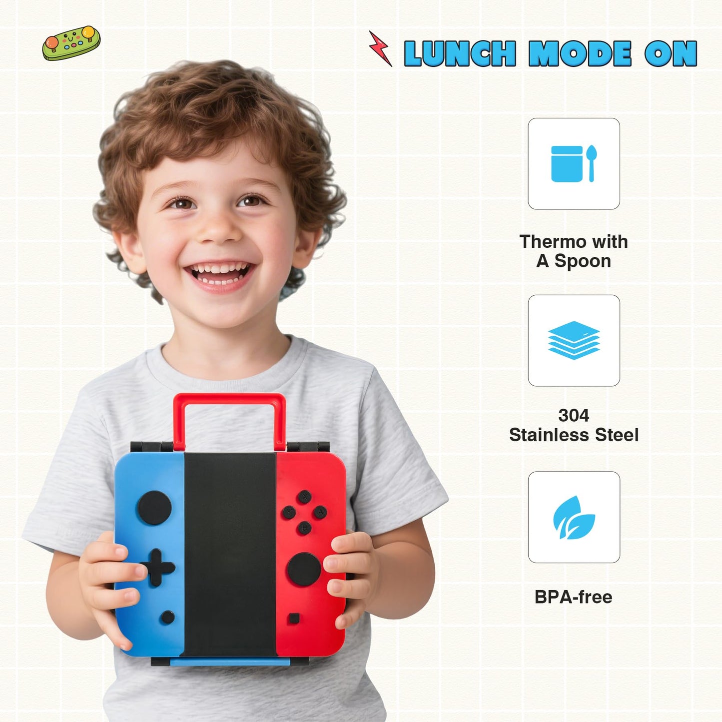FAJSL Game Bento Box for Kids, Lunch Box with Thermo(9oz Food Jar), Folding Spoon, Removable Divider & Sauce Cup, Lunch Box Kids for School,Travel, BPA-Free & Realistic Shape(Blue-Red)