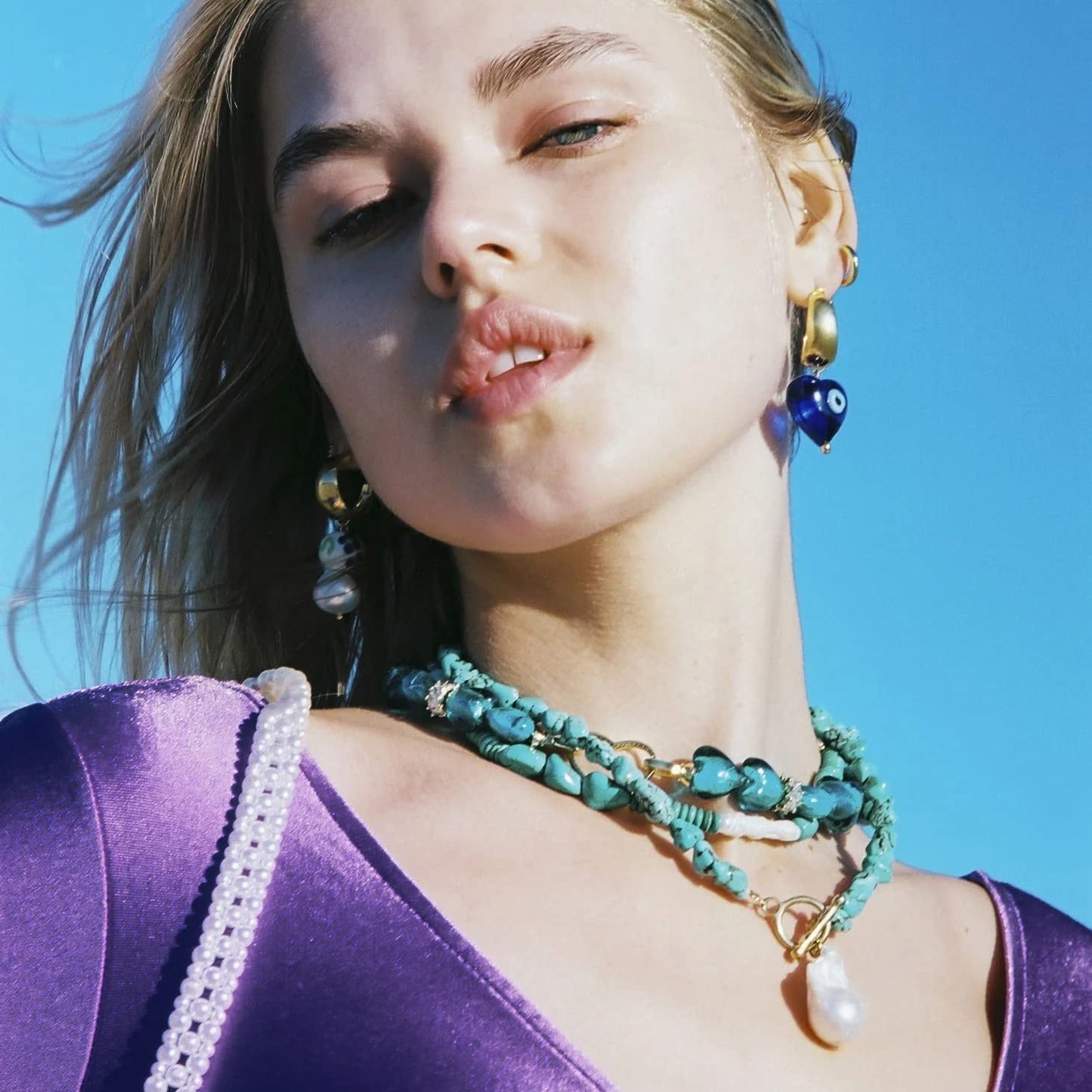 Chunky Statement Turquoise Necklace, Big Baroque Pearl Pendant Choker, Trendy Turquoise Jewelry for Summer
