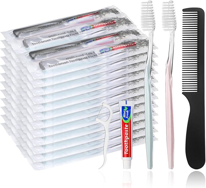 20pcs Disposable Toothbrushes with Toothpaste and Comb Floss Individually Wrapped, 4-in-1 Bulk Toothbrush Kit with 2 Color Toothbrush,10g Toothpaste,7 inch Comb, Floss Pick for Homeless,Hotel