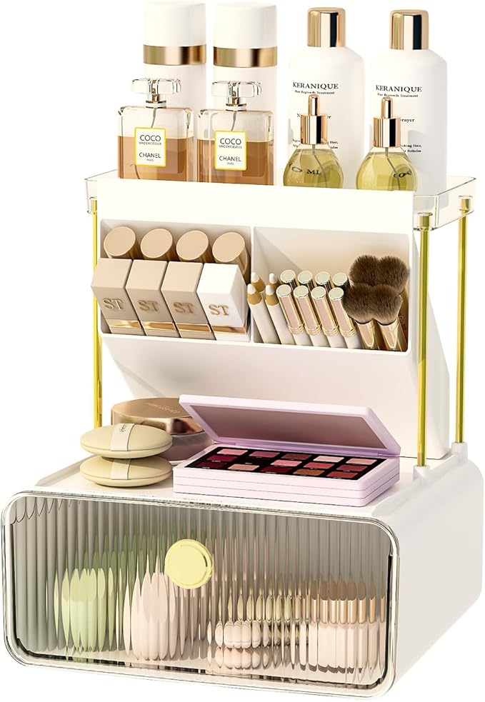 FOLLOWIN Bathroom Counter Organizer with Drawer,Dresser Top Organizer with Make Up Brush Holder,Makeup Shelf,Vanity Organizers,Cosmetic Perfume Organizer,Clear