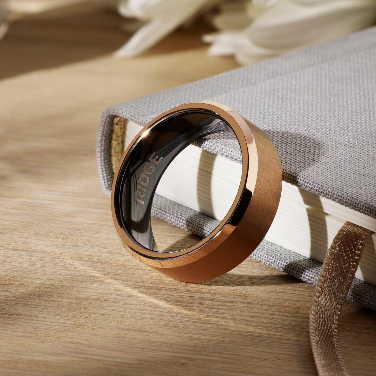 Ridge Beveled Ring Set 8mm - 18K Rose Gold - Tungsten - 8.5