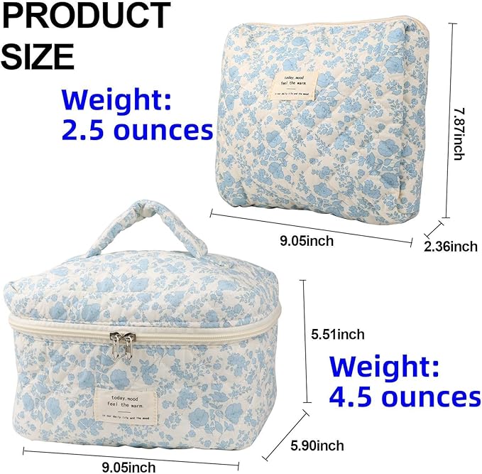Makeup Bag Travel Essentials Quilted Cosmetic Toiletry Pouch Organizer Insert for Women Dorm Room Essential Gift Large Capacity Opening Lightweight Cute Aesthetic Portable 2PCS (Flower)