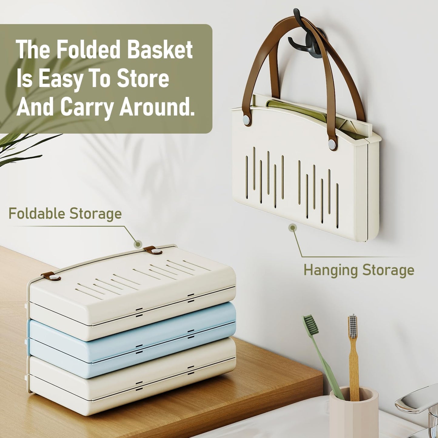 Delamu Portable Shower Basket Caddy with Double Handle Foldable Dry Wet Separation Design 11.0 × 7.1 × 6.5in, Travel, Camping, Gym, College Bathroom Tote, WhiteGreen, Ideal Christmas Gifts for Girls