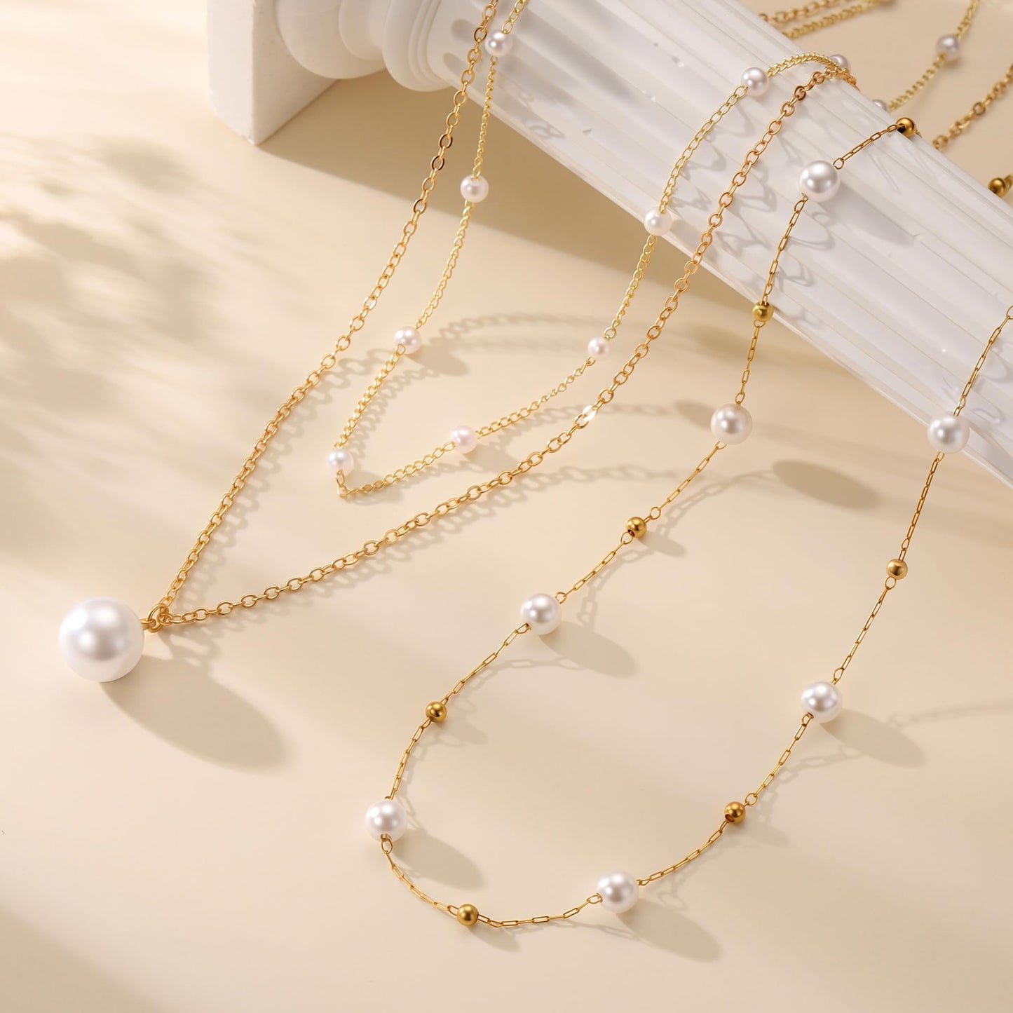 Fimhut Pearl Necklace for Women - 18K Gold Plated 3 Pearl Necklace Fashion Accessory Dainty Gold Necklaces Dainty Simple Layered Chain Necklaces Gold Jewelry for Women Gifts