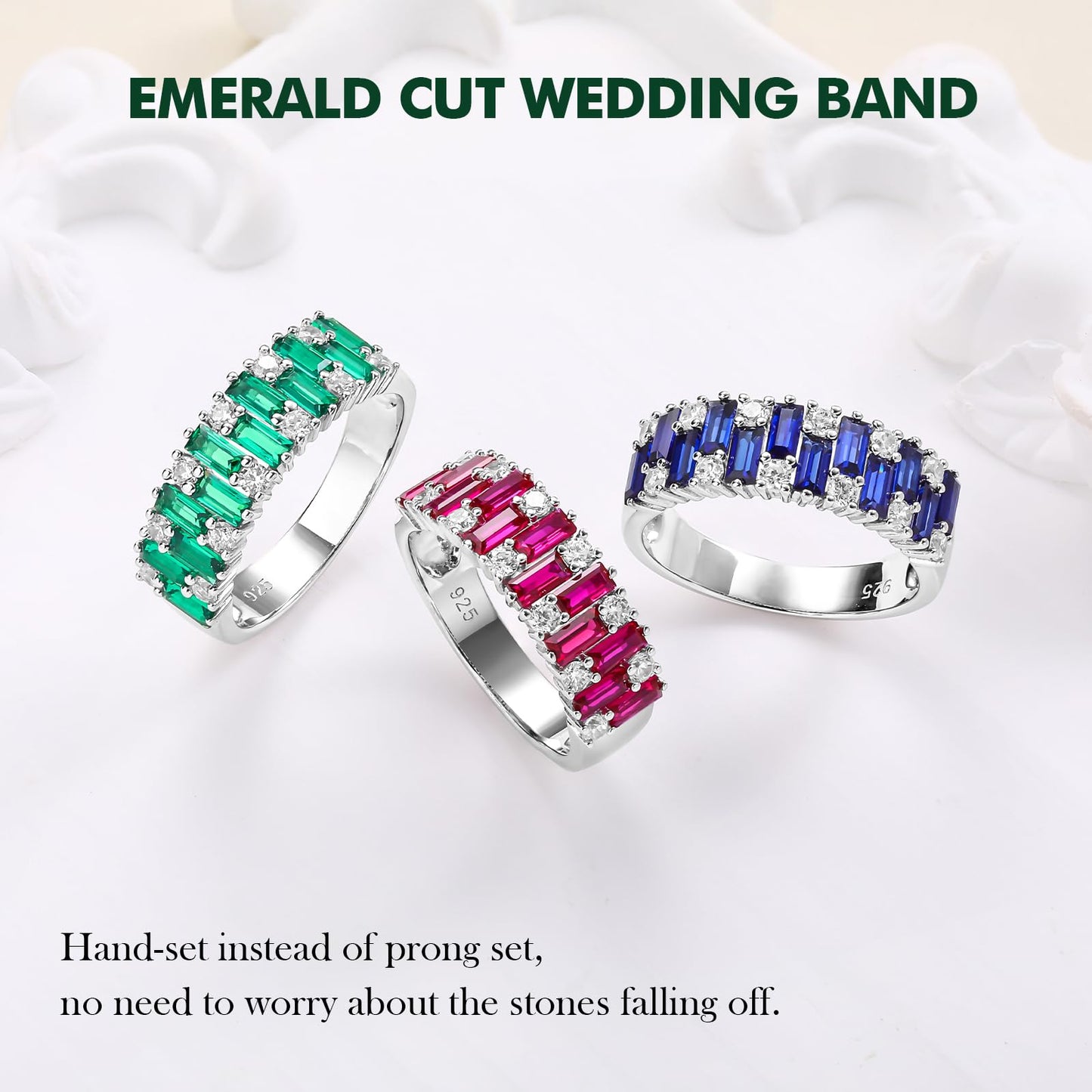 RANDES Emerald Baguette Band Rings for Women 7mm Wide Band Emerald Ring 925 Sterling Silver Green Ring Half Eternity Wedding Band Size 10