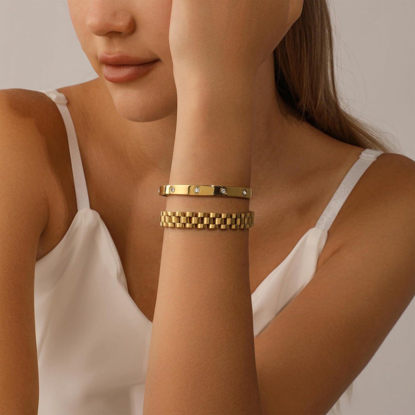 2PCS Gold Chain Link Watch Bracelet Set,18K Gold Plated Stackable Bracelets for Women,Stainless Steel Jewelry with Adjustable Tool, Non-Tarnish Friendship Love Bracelet Gift for Her. (2pcs-A Gold)