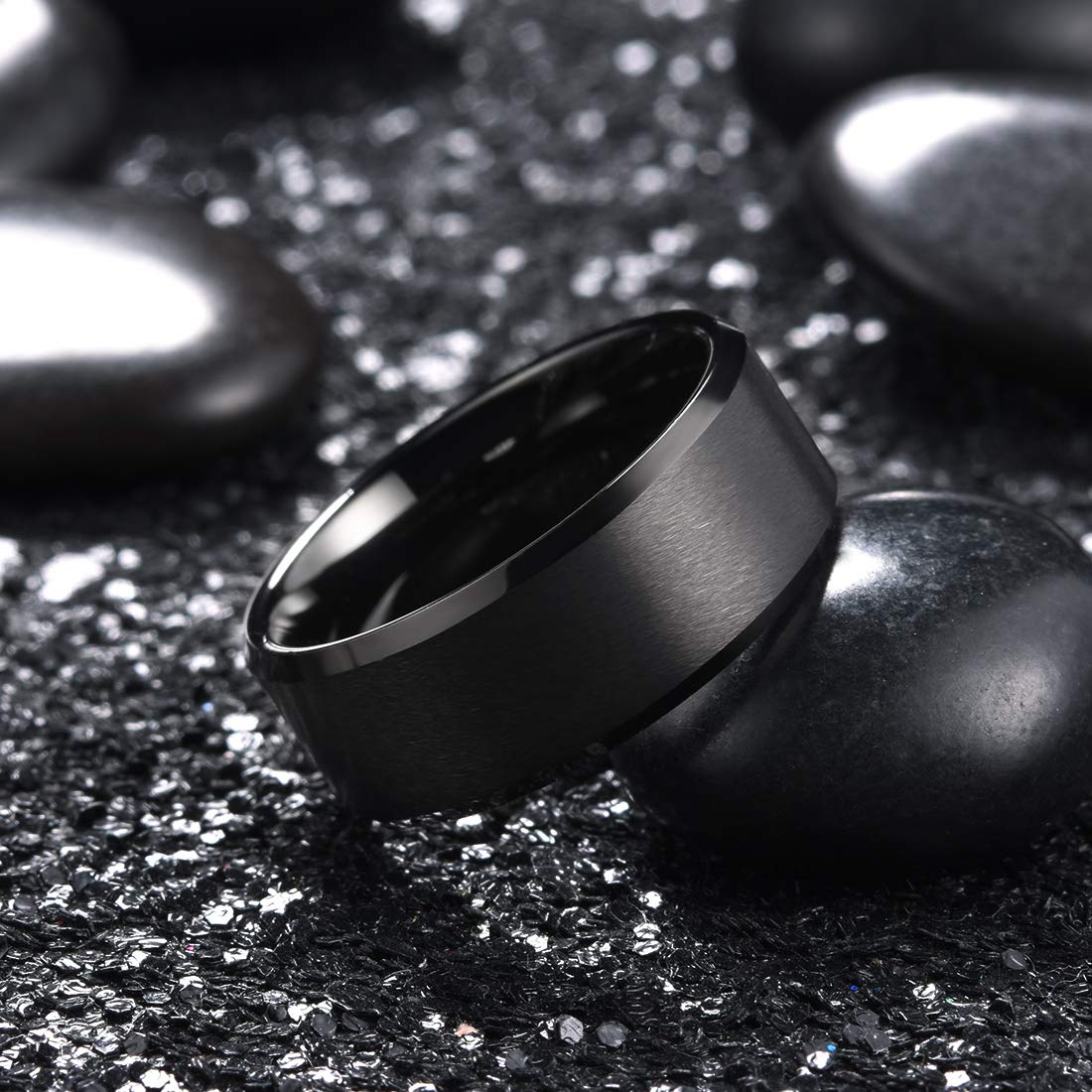 King Will 9mm Men's Black Wedding Ring - Brushed Matte Surface, Beveled Polished Edge, Comfort Fit Size 11