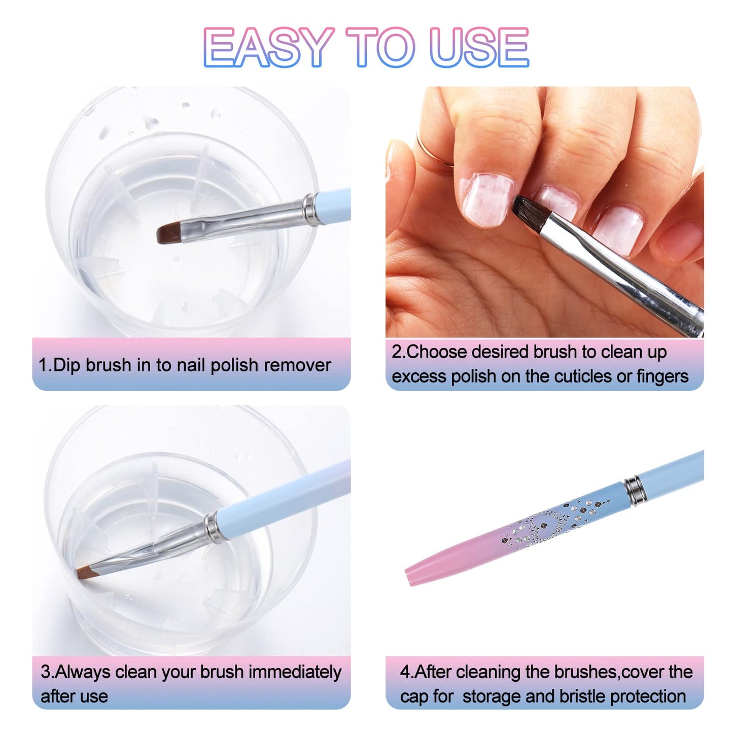 INENK 2PCS Round&Angled Nail Art Clean Up Brushes for OPI Nail Polish Remover Cleaning Polish Mistakes on the Cuticles + 4PCS Nail Liner Brushes for Nail Art and Designs