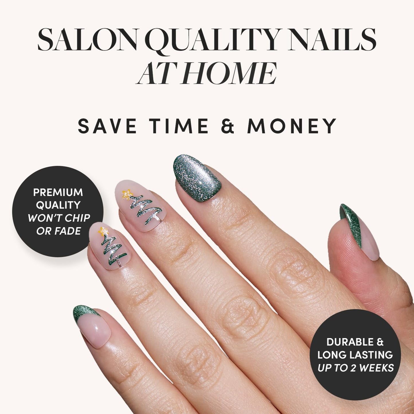 Glamnetic Press-On Nails Bundle - Velvet Pine & Cutie Pine | Deep Green Short Oval Fake Nails with French Tips, Tree Designs & Velvet Finish | Medium Almond Fake Nails in Deep Evergreen with a Pearl C