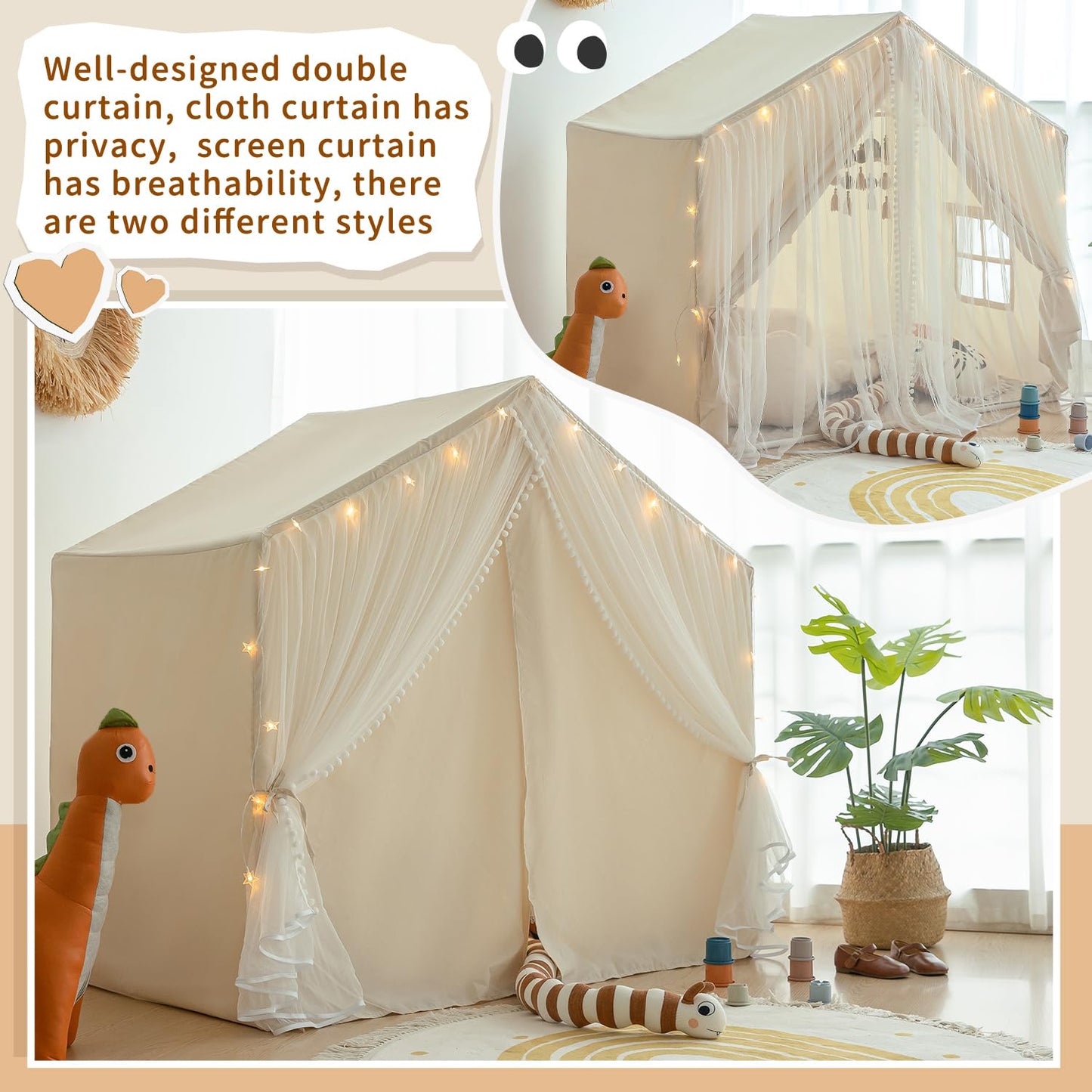 Kids Play Tent with Padded Mat, Kids Tents Indoor Playhouse for Toddler, Large Princess Castle Pompoms Play House Tent for Girl Bed Tents Toys for Boys Girl Birthday House Gift