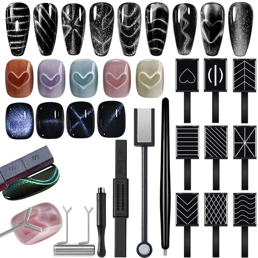 YECIRALA 14Pcs Cat Eye Magnet For Nails Magnet Tool Set With 2 Pcs Y-Shape Iron Molds, 14 Uniquely Shaped Nail Magnet For Nails Strong Magnetism Cylinder Cat Eye Gel Nail Polish Magnet Sticks Tools