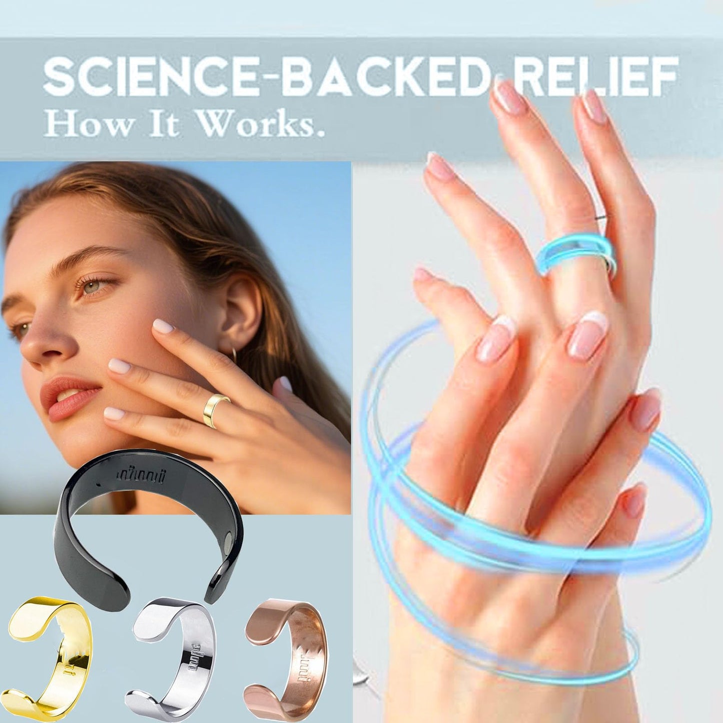 Refined Magnc Stainless Steel Auvulis Migraine Ring Magtherapy Lymphatic Drainage Rings Lymph Nodes Acupuncture Therapy Anti Snoring Rings Migraine Relief Health Jewelry for Men and Women(Gold&Silver&Rose Gold&Black)