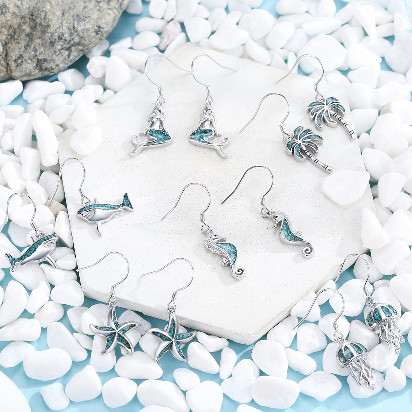 Shark Earrings for Women 925 Sterling Silver Turquoise Shark Dangle Drop Earrings Beach Themed Jewelry Ocean Gifts for Girlfriend Mom