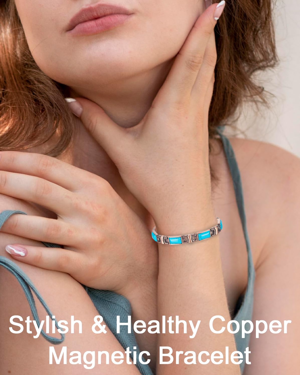 EnerCoppeX Copper Magnetic Bracelet for Women - Turquoize Detox Jewelry with 3500 Gauss Magnet (F)