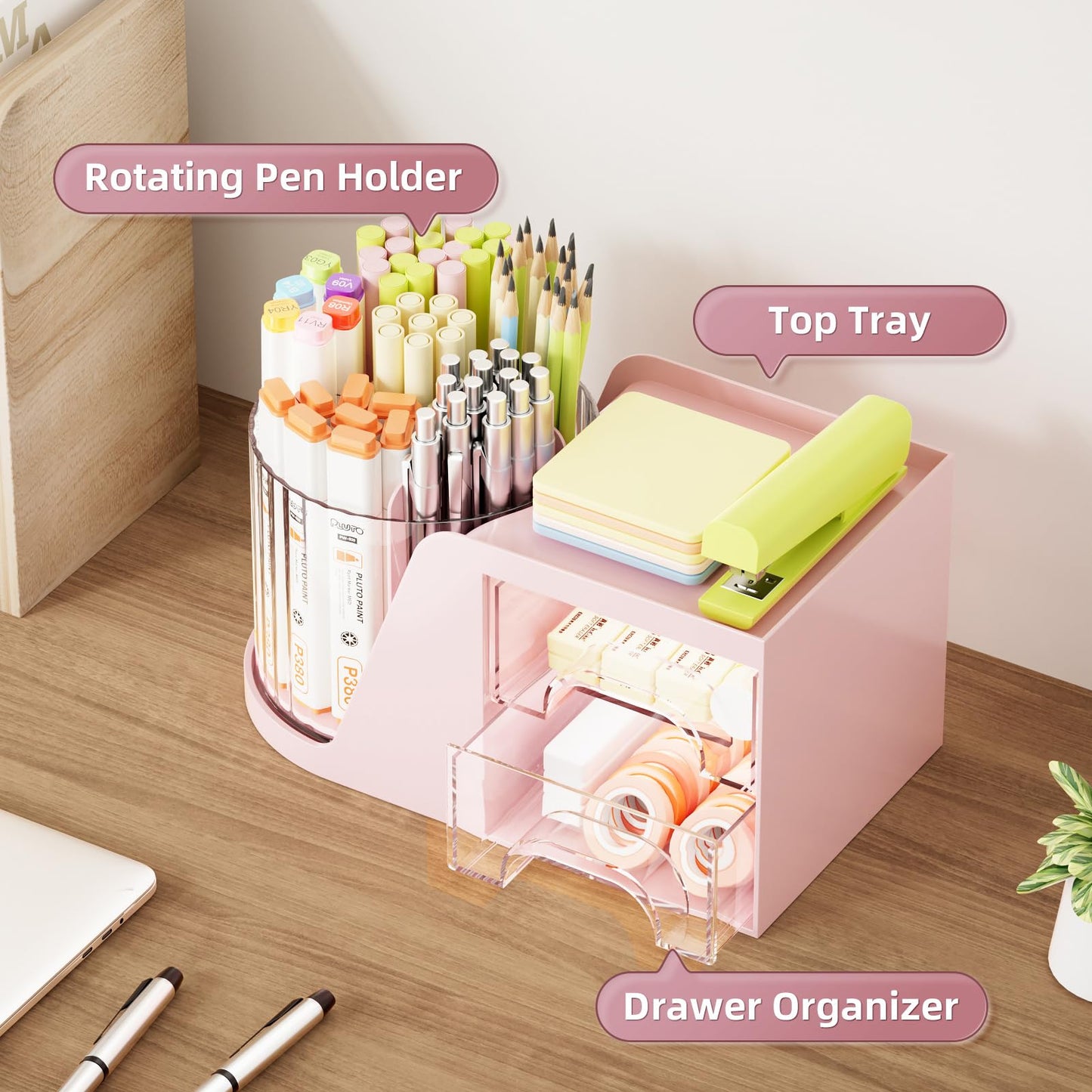 Marbrasse Desk Organizer with 2 Drawer, 360°Rotating Pen Holder, Desk Organizers and Accessories with 6 Slots Pencil Organizer + 2 Drawer, Art Supply Storage Box Caddy for Office (Pink)