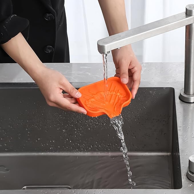 Silicone Bathroom Soap Dishes with Drain Spout-Bathroom and Kitchen Sink Organizer,Sponge Holder,Dish Soap Tray,Perfect for Dispenser,Scrubber,Bottle,Cup on Sink or Counter-Orange 4.9"×3.2"