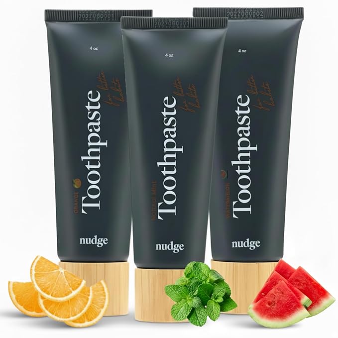 Nudge Toothpaste Variety Pack, 10% Nano Hydroxyapatite, Natural Mint, Orange, and Watermelon, Fluoride Free, SLS Free, Remin+ Formula, 3 x 4 oz Tubes