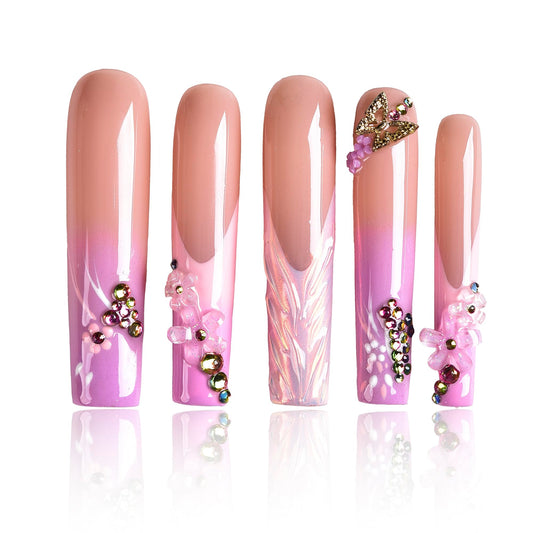 Tmani 10pc/set Extra Long Handmade Press On Nail Hot Girl's Long Ballet Nails Square Nail Full of Diamond Glitter Decoration Fake Nails Suitable For Girls Festival Parties and Birthday Gift (294,L)