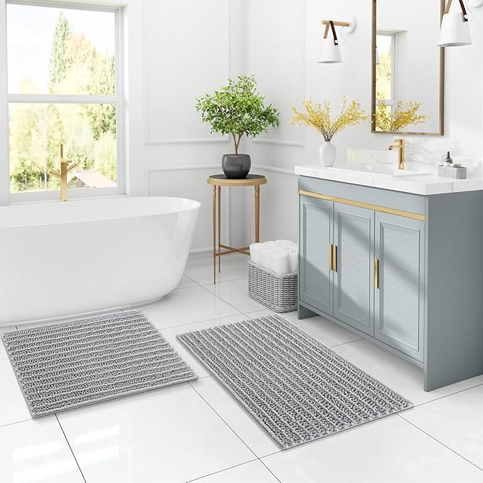 Arotive Luxury Chenille Bathroom Rug Mat, Extra Soft Thick Absorbent Shaggy Bath Rugs, Non-Slip Machine Wash Dry, Plush Bath Mats for Bathroom, Shower and Tub, 70x46, Light Grey