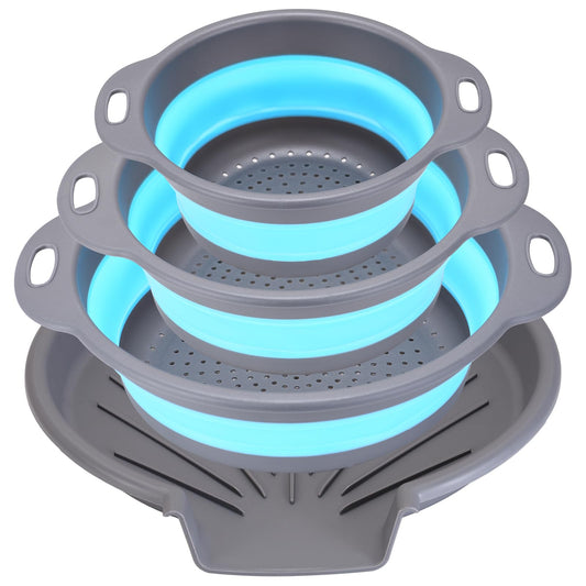 Cluren Collapsible Colander Set with Oversized Draining Tray | 3-Pack Foldable Kitchen Strainers + Base | Space Saving for Pasta, Veggies, Fruit & Rice | 5 Colors (Gray-Blue)