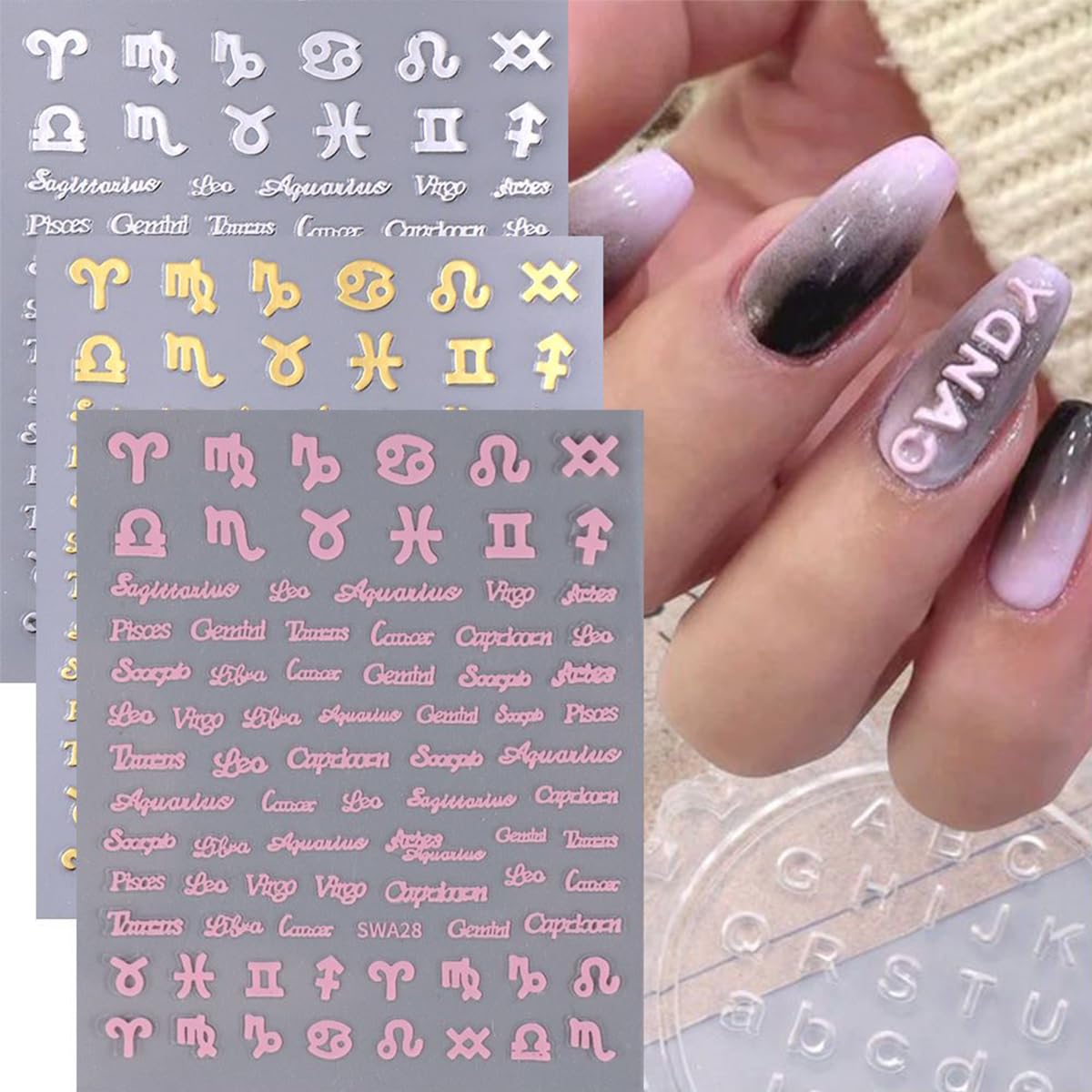 6Pcs Constellation Nail Art Stickers 3D English Letters Nail Stickers for Nail Art Decoration Self-Adhesive 12 Constellations English Nail Design Supplies Gold Silver Pink French Nail Decals for Women